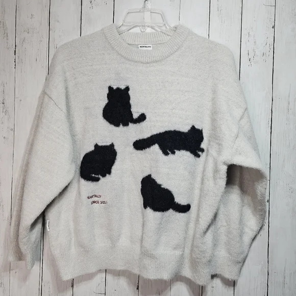 NARTALIY Gray Black Cat Mohair Sweater Unisex American Retro Loose Fit Size XS. - Picture 1 of 12